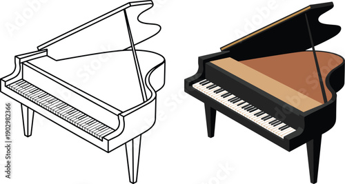 Isometric Grand Piano Illustration Set with Line Art and Realistic Vector Design Isolated on White Background for Music and Education