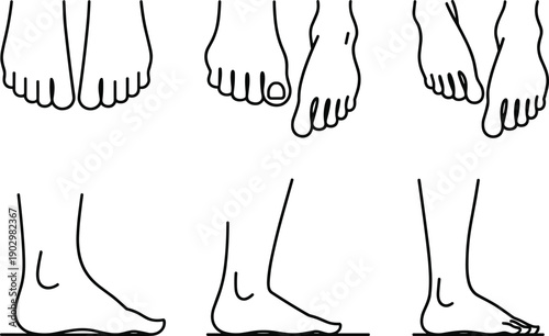 Human feet and legs line art vector icons set including front and side view illustrations for anatomy and health design