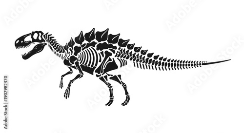 Detailed illustration of a Stegosaurus dinosaur skeleton from a side view showing its bones and spiked tail