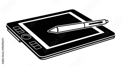 A graphics tablet with a stylus on its screen, ready for digital artwork creation from a top-down viewpoint