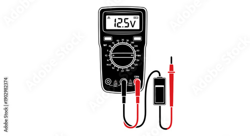 Multimeter measuring voltage with red and black probes on a device against a plain white background from a straight-on viewpoint