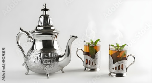 Tea Ceremony Elegance: A gleaming silver teapot and two delicate glass cups filled with fragrant tea, garnished with fresh mint, evoke a sense of refined tranquility. 