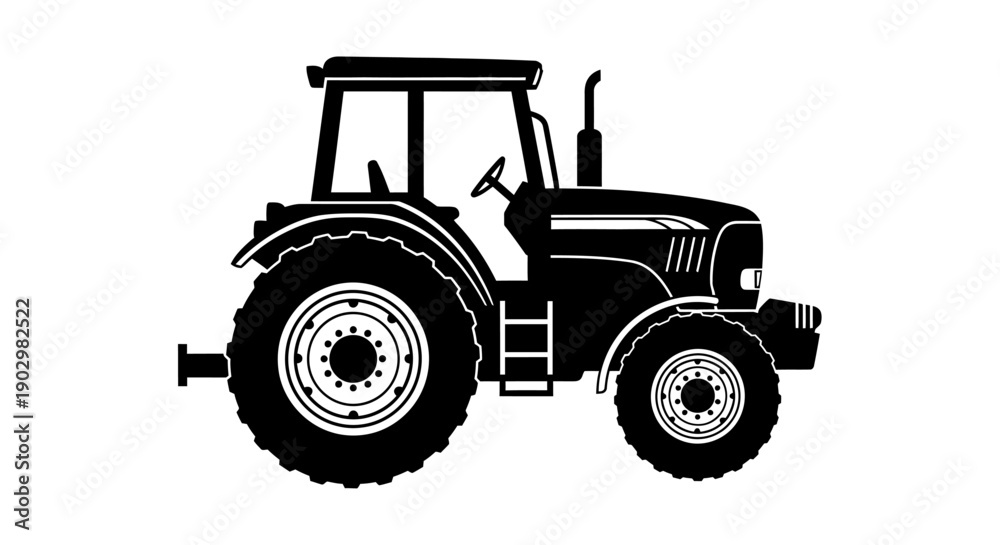 Obraz premium Tractor vehicle illustration on a plain background from a side viewpoint showcasing its large wheels and industrial design