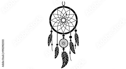 Dreamcatcher with feathers and beads hanging from a hoop, symbolizing protection and mysticism, illustrated in a minimalist style with bold lines on a plain background