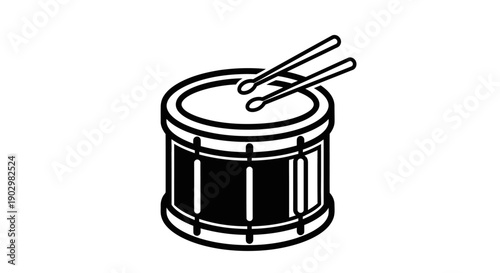Illustration of drum with drumsticks on top in simple black and white vector graphic