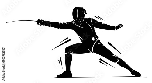 Fencer in action, executing a precise lunge with sword in a dynamic fencing stance