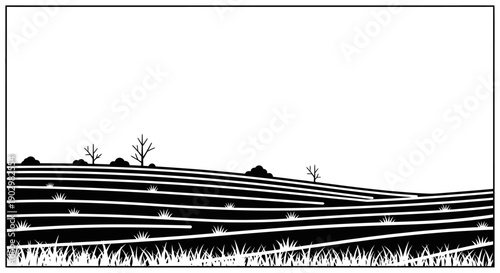 A serene landscape illustration of rolling hills and trees from a distant viewpoint