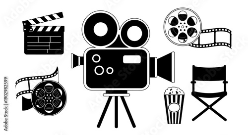 Film production elements including camera, clapboard, and director's chair on set