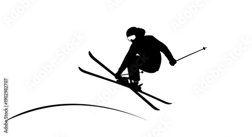Silhouette of a skier in mid-air, captured from behind, showcasing skiing technique on a snowy slope