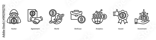 Global Investment web banner vector illustration featuring Hacker, Agreement, World, Briefcase, Analytics, Award, and Investment.