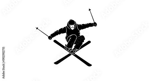 Skier in mid-air performing a jump with skis crossed, captured from a high-angle view on a snowy mountain slope