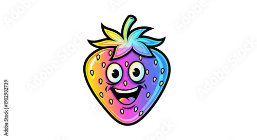 Vibrant Rainbow Strawberry Cartoon Character Smiling Happily on White Background Illustration