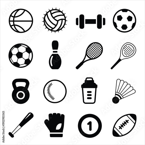 A clear visual presentation of various black and white icons representing different types of sports and recreational equipment