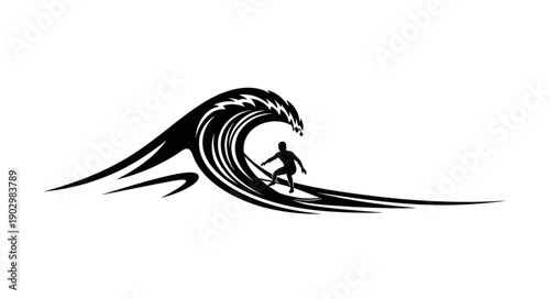 Surfer riding a large ocean wave in silhouette.