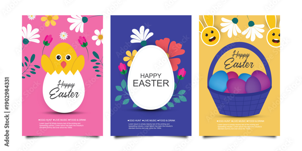 Naklejka premium Happy Easter creative poster collection. Set of easter greeting card. Egg hunt event invitation template