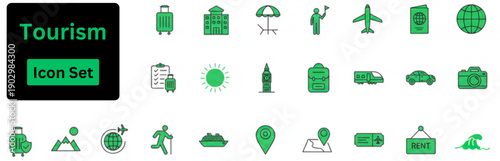 Vector of Tourism icon set. Travel icon set, vacation and transportation symbols, leisure gear and planning tools for tourism. 