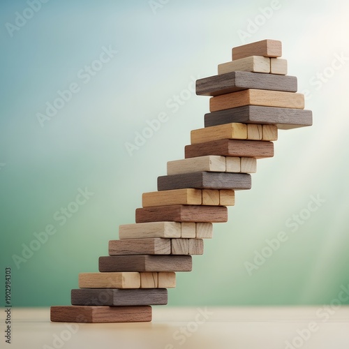 A precarious stack of wooden blocks forming a curved structure on a flat surface viewed from the side