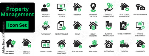 Silhouette vector of Property Management icon set. Property Management solid icon set. Icon of property, management, buying, selling,  renting, house, maintenance, and more.