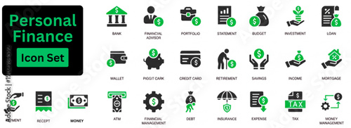 Silhouette vector of Personal Finance icon set. Financial service solid icon set. Icon of bank, advisor, money, insurance, foreign exchange, mutual funds and more. 