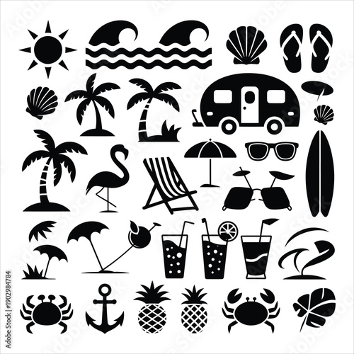 An expansive collection of diverse black silhouette icons representing a fun filled summer vacation