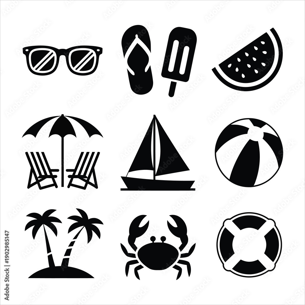 Fototapeta premium Iconic black silhouette symbols representing popular summer beach holidays and various tropical vacation activities
