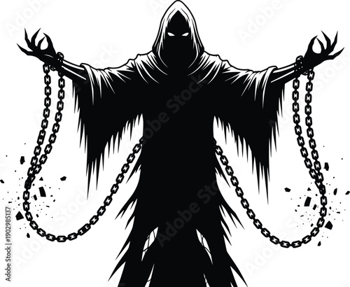 Black Grim Reaper Silhouette Featuring Hooded Robe and Broken Shackles with Heavy Iron Chains for Dark Fantasy Horror Halloween Monster Vector Illustration Isolated on White