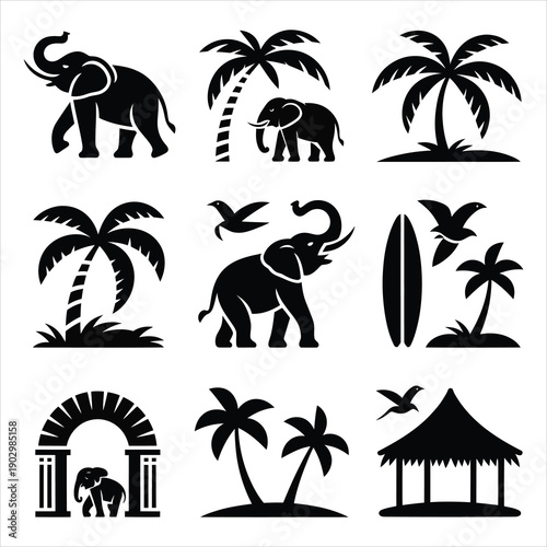 Nine individual black silhouette icons featuring various tropical animals and natural island elements