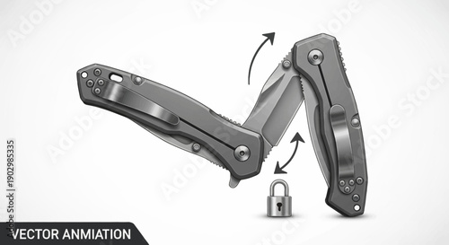Detailed vector illustration of a tactical folding knife demonstrating its lock mechanism function