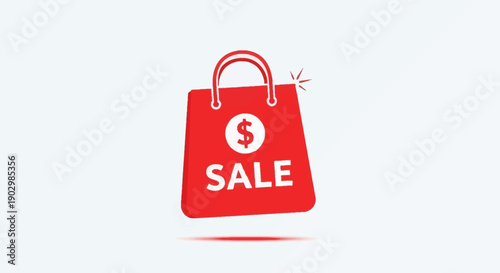 Dynamic red shopping bag icon with dollar sign and sale text for online commerce promotions
