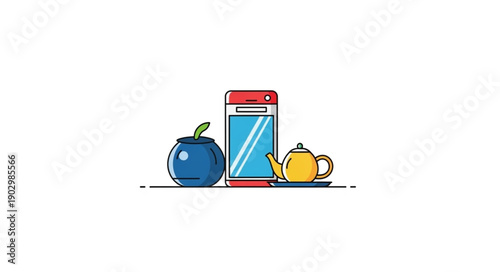 Blue jar yellow teapot and tall glass with blue liquid.