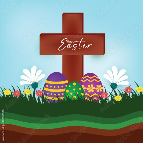 Easter day with Christian cross flowers and eggs background
