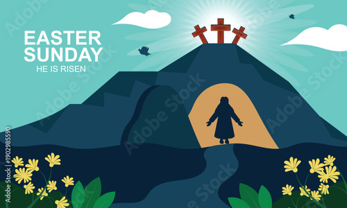 Happy Easter Sunday Vector Illustration of Jesus, He is Risen and Celebration of Resurrection with Cave and the Cross
