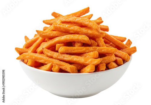 Large serving of golden-orange, crispy sweet potato fries with salt, piled in a white ceramic bowl on a transparent background, ample copy space. Concept for food advertising
