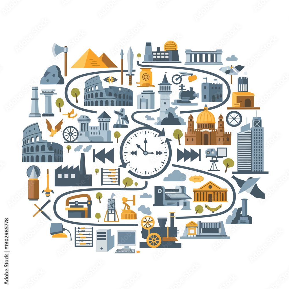 Naklejka premium Global Landmarks and Clockwork Mechanism