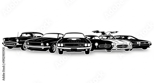 Collection of classic American muscle cars lined up together.