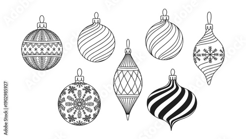 Collection of different Christmas tree ornaments in black and white line art style suitable for coloring or craft projects.
