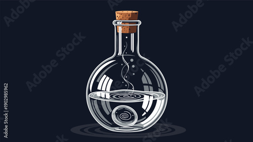 Intricate pixel art of a round laboratory flask filled with a mysterious swirling clear liquid on a dark background.