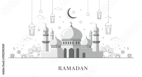 Gray illustration of a mosque with a crescent moon and lanterns, surrounded by flowers and foliage, conveying a peaceful Ramadan atmosphere.