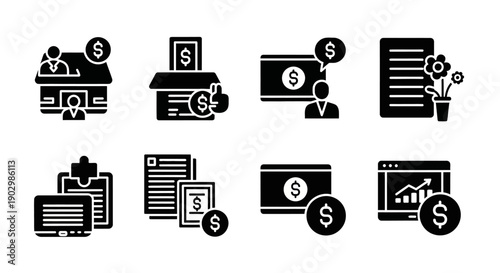 Business and Finance Icons: Money, Investment, Analytics, Documents, and Office