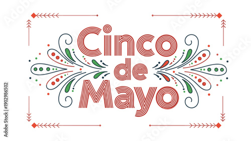Decorative cinco de mayo typography surrounded by traditional mexican style floral and geometric patterns in red green and blue.