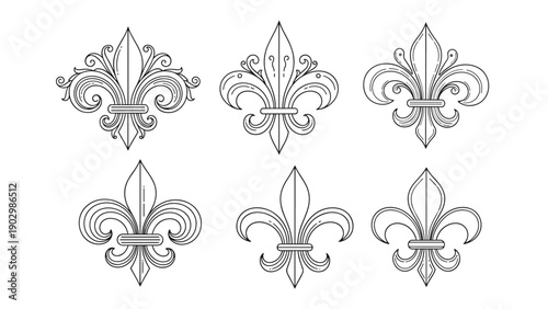 Collection of six different decorative fleur-de-lis symbols in a classic black and white line art style for heraldry design.
