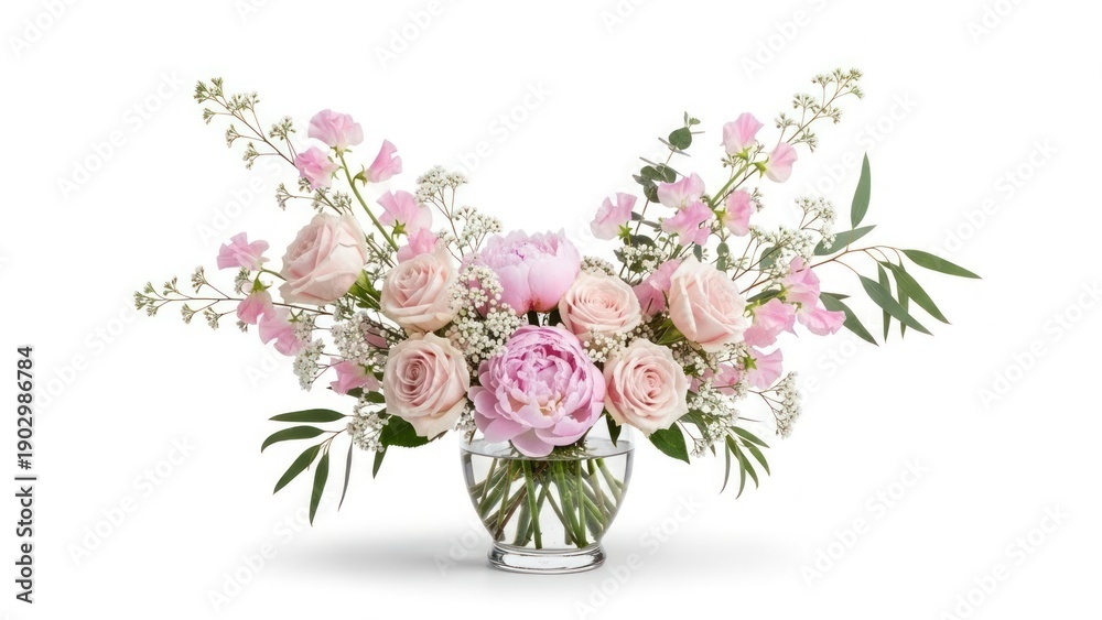 Obraz premium Elegant floral arrangement featuring pink roses and peonies in a glass vase