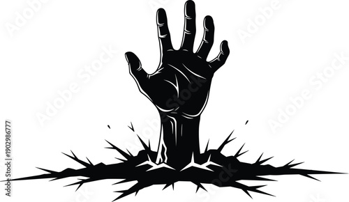 Black, and, white, vector, illustration, of, a, creepy, zombie, hand, rising, from, the, ground, for, horror, halloween, scary, undead, graveyard, and, spooky, design