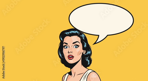 Thoughtful Dark Haired Pop Art Woman with Blank Speech Bubble on Yellow Background