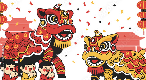 Lion Dance Performance with Children and Traditional Chinese Buildings