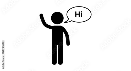 Simple Stick Figure Waving Hand with "Hi" Speech Bubble on Isolated White Background