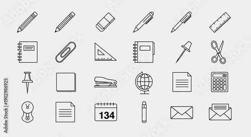 Outline Set of Office Supplies and Stationery Icons on Isolated White Background