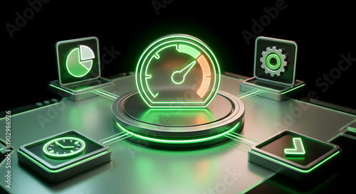 performance optimization and efficiency management concept with glowing green neon speedometer dashboard and business data icons for productivity improvement and system monitoring