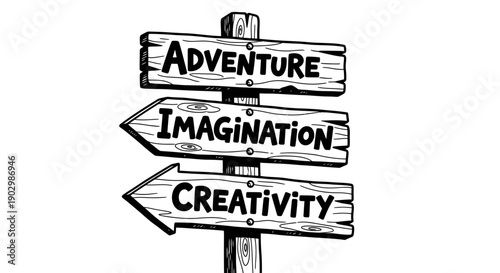 Hand Drawn Wooden Signpost with Inspirational Arrows Pointing to "Adventure" "Imagination" and "Creativity" on Isolated White Background