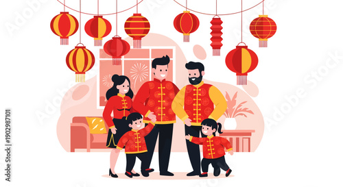 Family in Traditional Chinese Clothing with Lanterns